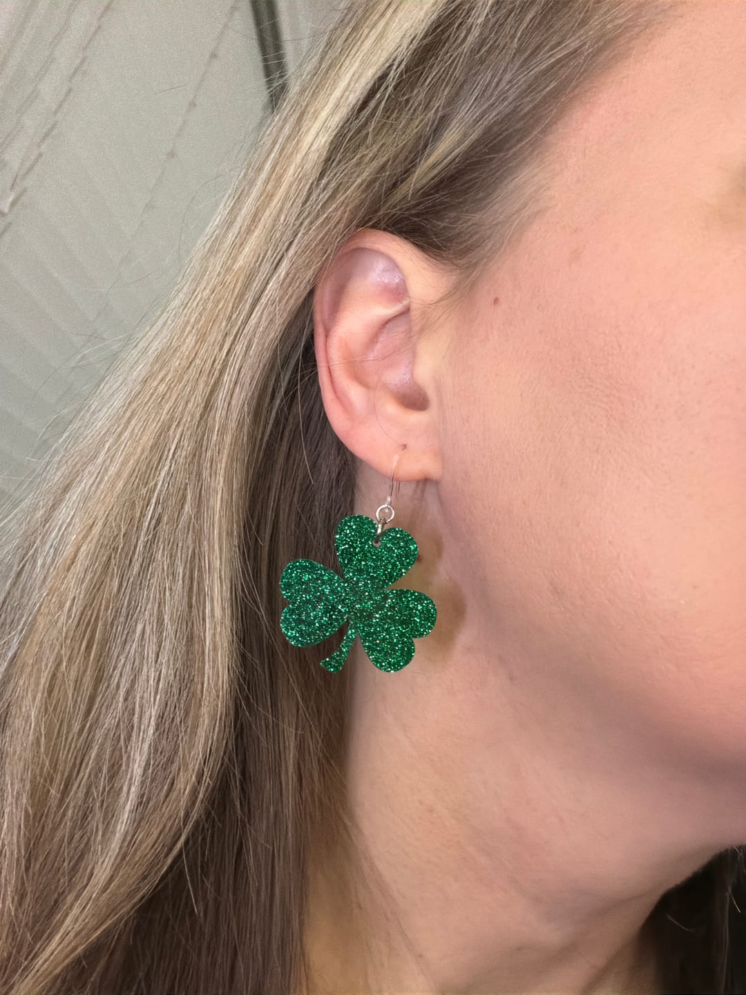 Customer photo review of Exaggerated Glittery Shamrock Dangles