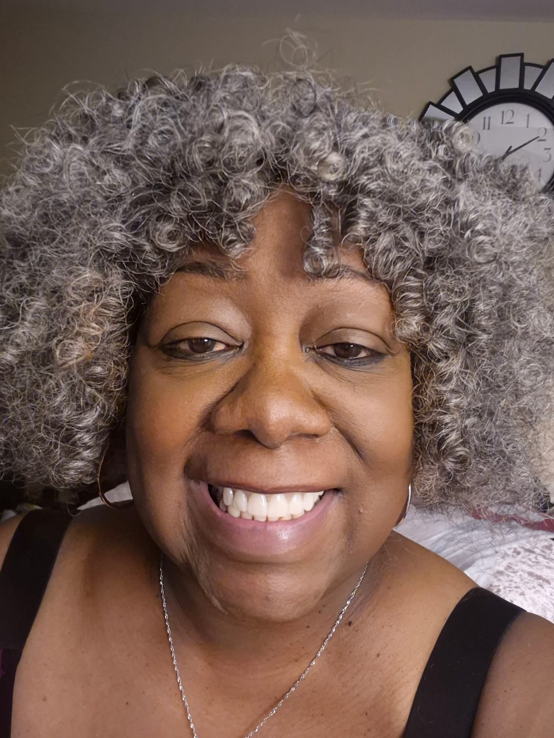 Customer photo review of Luvwin Salt And Pepper Ringlet Curls Wig With Bangs