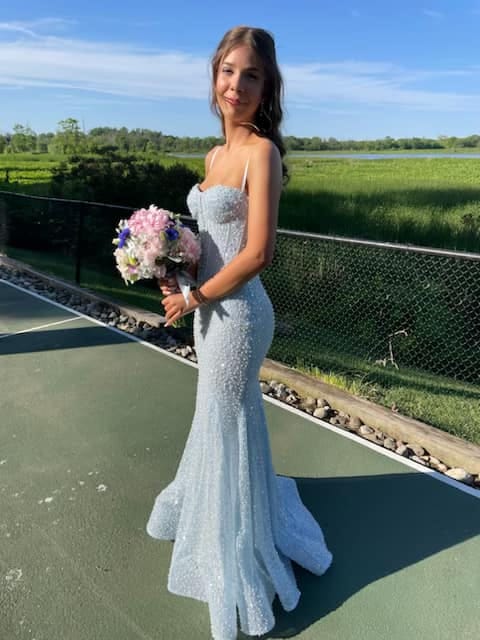 Customer photo review of Straps Light Blue Sequin Long Dress with Beaded
