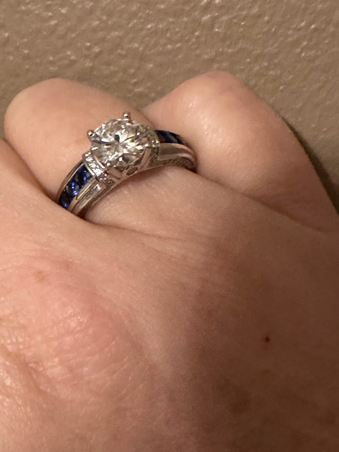 Customer photo review of Moissanite With Channel Set Sapphire Accents Engagement Ring