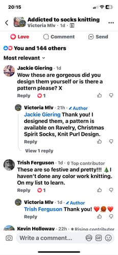 Customer's screenshot of a social media post about knitting.