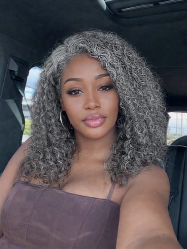 Customer photo review of Luvwin 13x4 Salt And Pepper Natural Curly Glueless Gray Color Pre-Cut Lace Bob Wig
