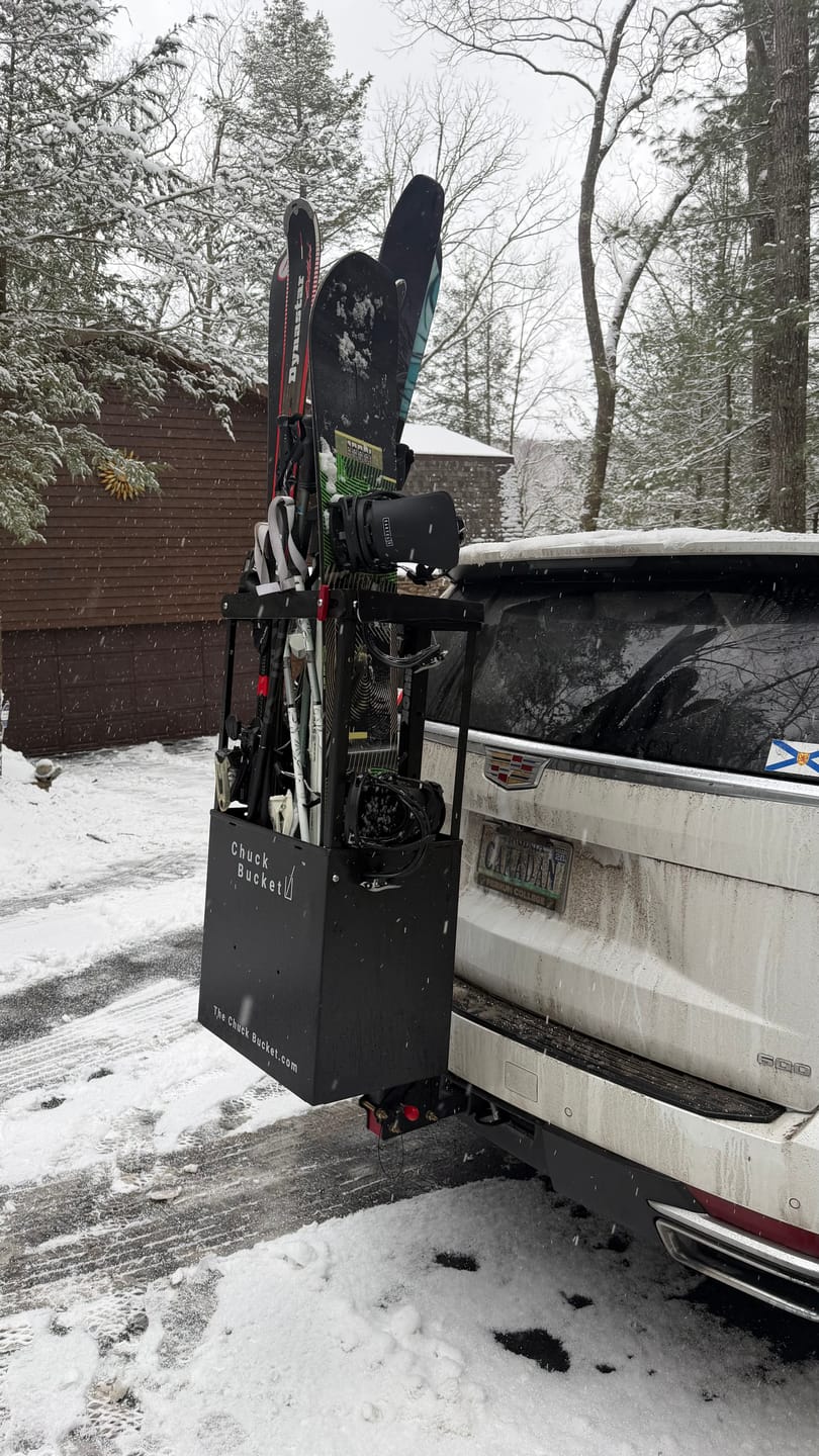 Customer photo review of Chuck Bucket Hitch-Mounted Ski & Snowboard Carrier