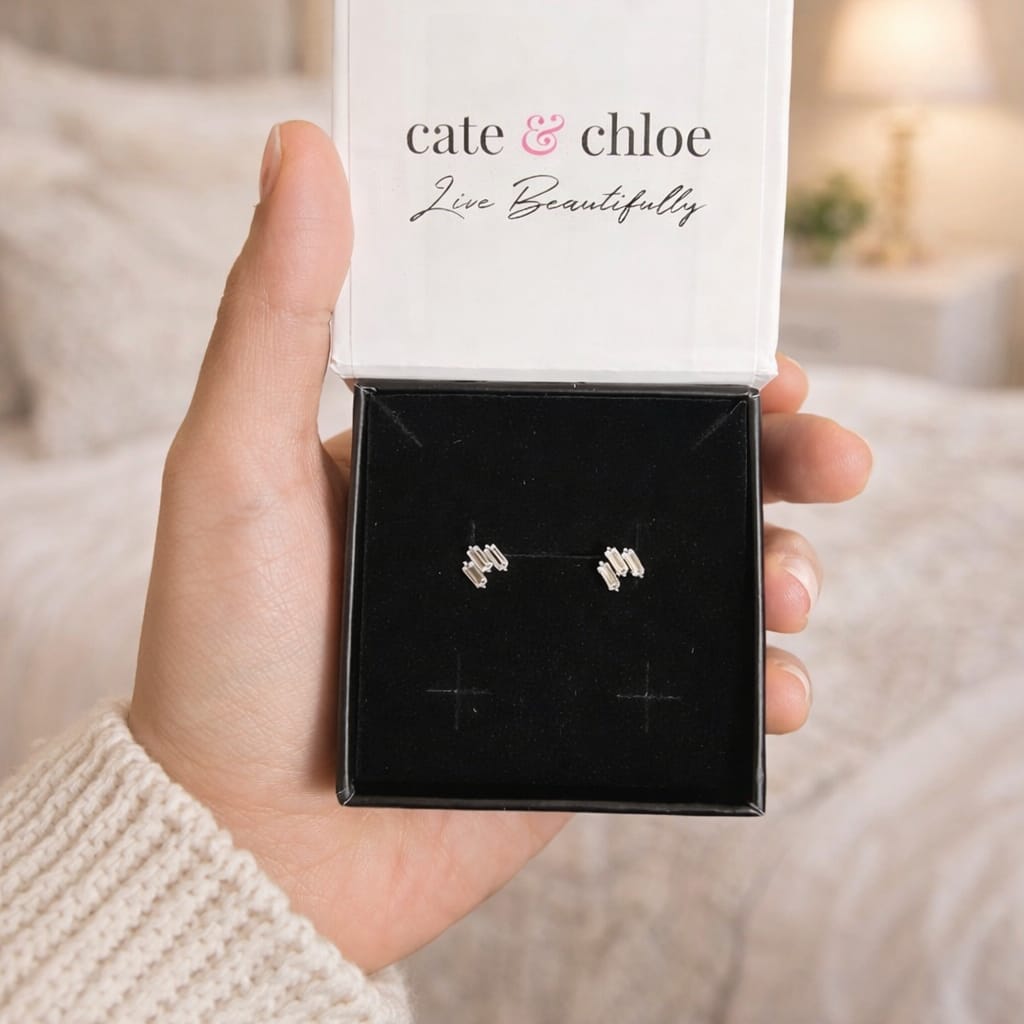 Customer photo review of Jovie 18k White Gold Plated 3-Stone Stud Earrings with Swarovski Crystals