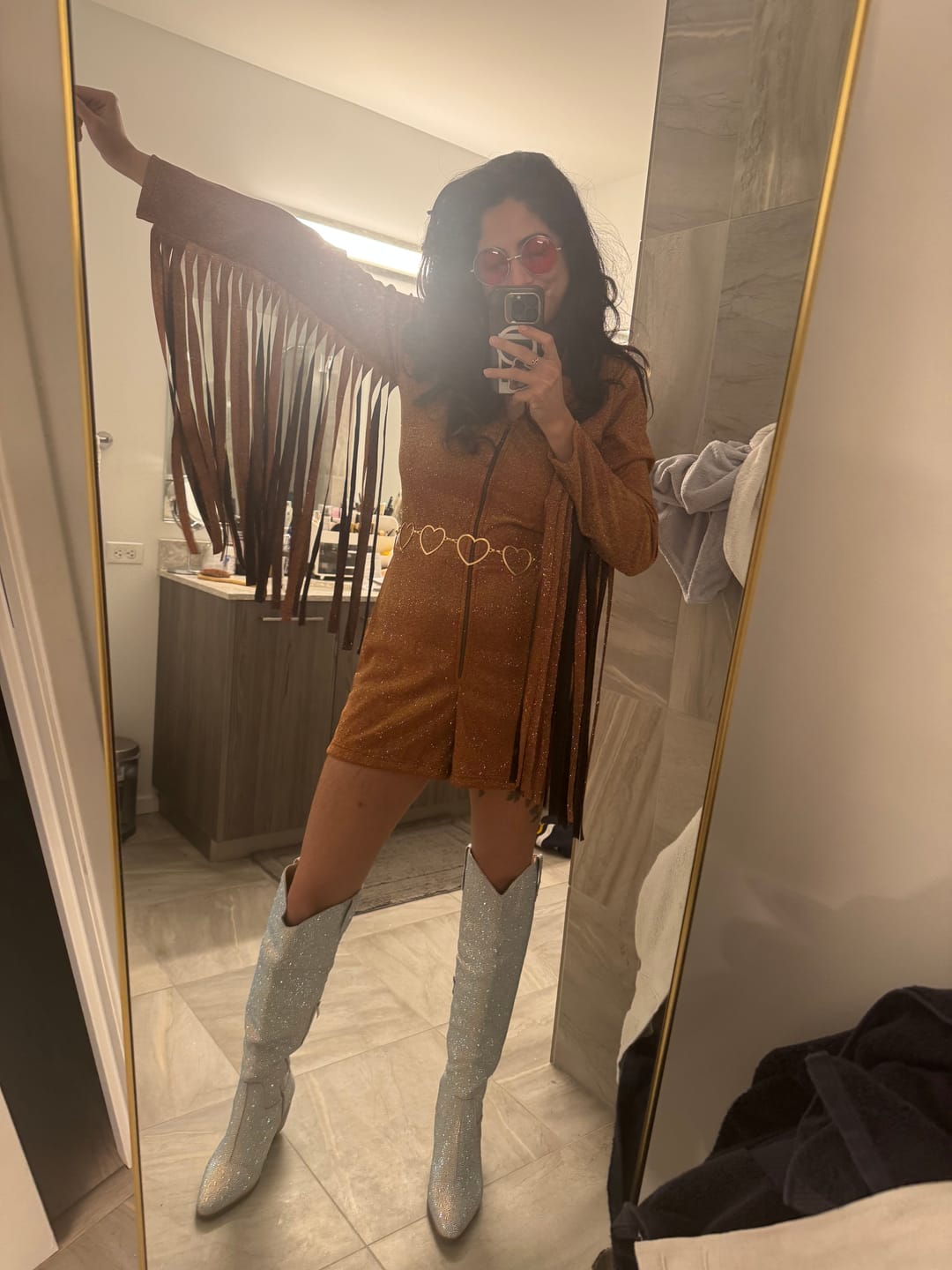 Customer photo review of Glitter Fringe Romper in Orange