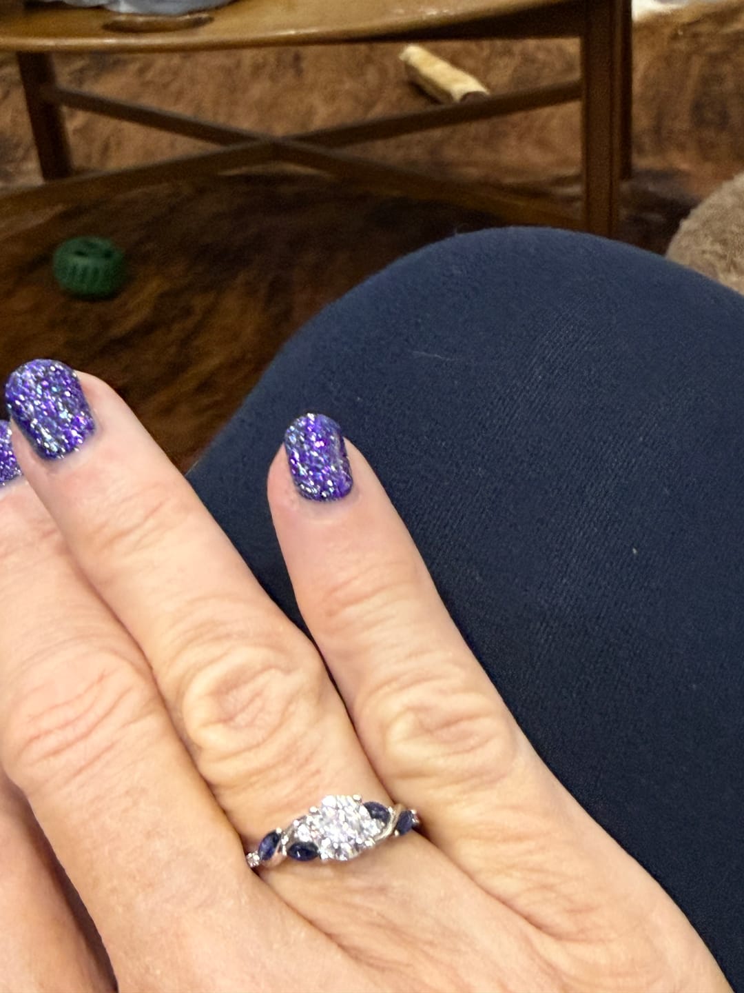 Customer photo review of Round Moissanite Curved Vine Sapphire Accents Pave Engagement Ring