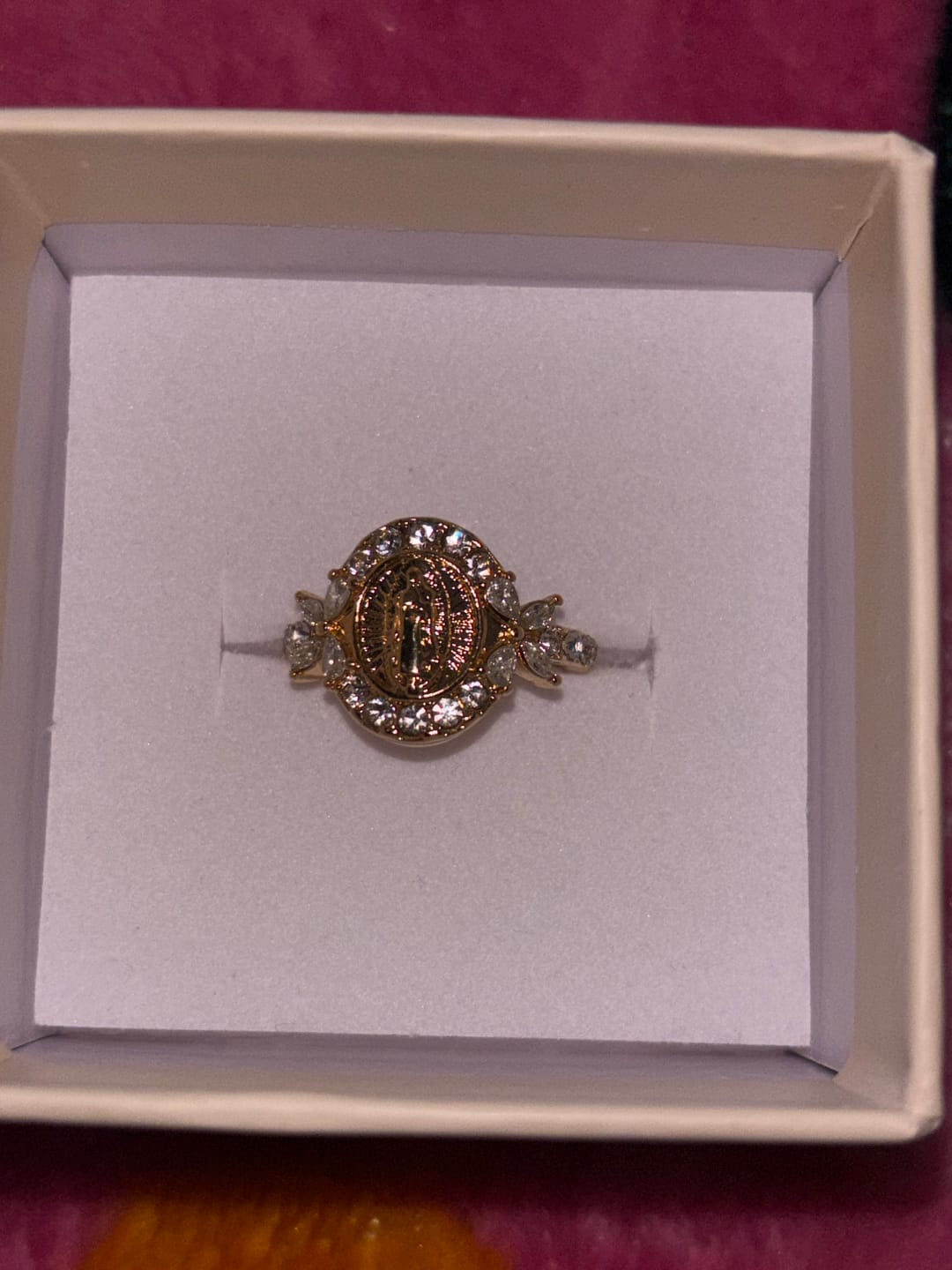 Customer photo review of Christianartworkshop Elegant Virgin Mary Emblem Ring: Sacred Detail for Daily Devotion