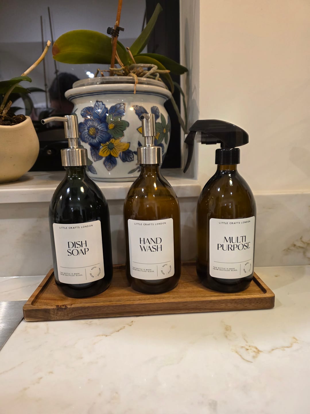 Customer photo review of Spray and Pump Set of 3 Reusable Amber Glass Bottles 500 ML