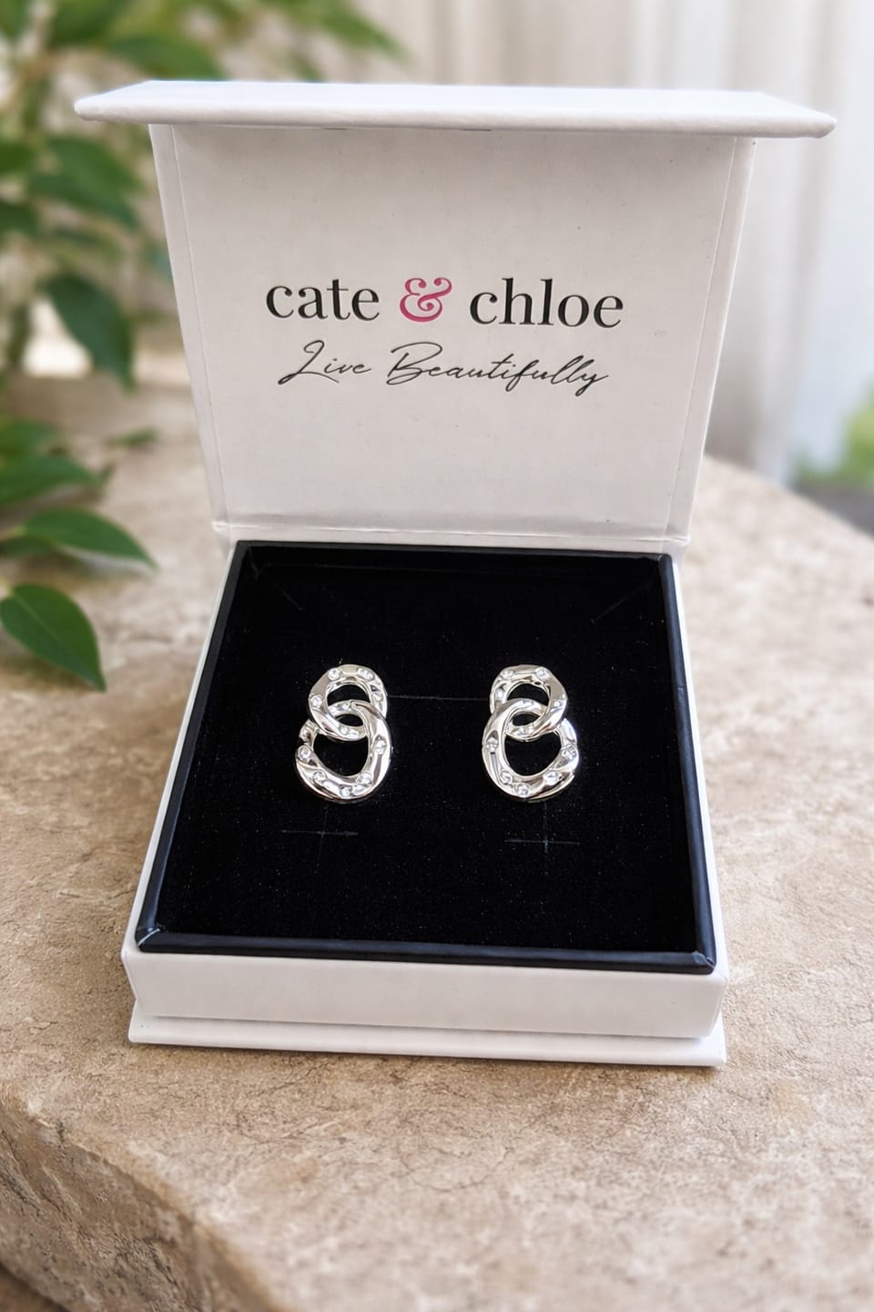 Customer photo review of Bonnie 18k White Gold Double Link Chain Drop Earrings with Swarovski Crystals