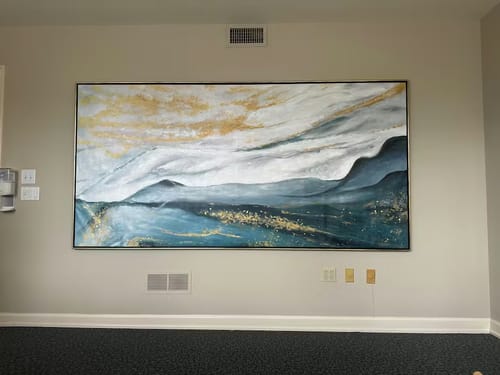 Customer photo review of Remains of the Sea-Abstract Landscape Oil Painting: Blue - Green Hues with Gold Accents