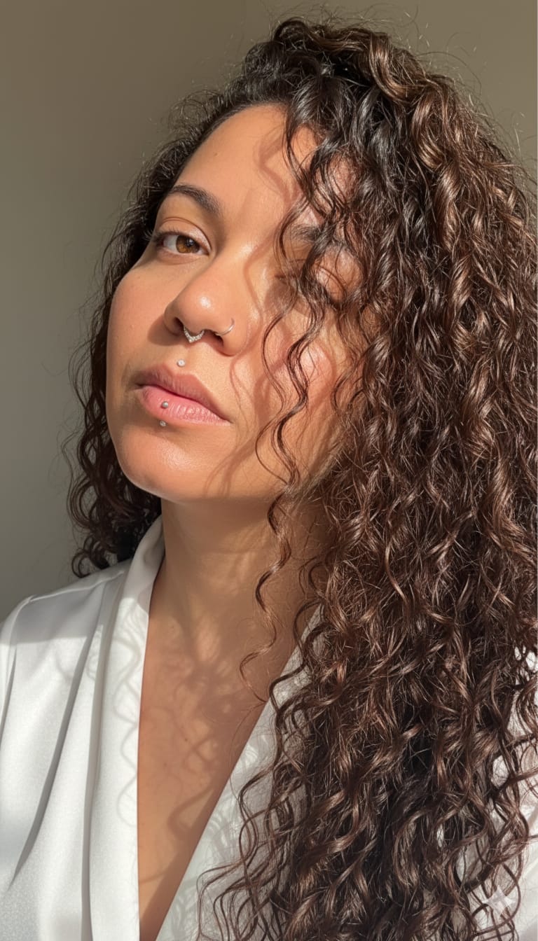 Customer photo review of Lace Front Tela HD Italia Castanho Luzes 33/22 Cacheada - Repartição Livre 13x4