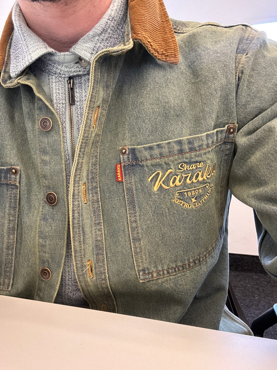 Customer photo review of Denim Work Shirt with Retro Print and Corduroy Contrast Collar