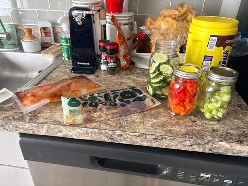 Customer's kitchen counter with various foods, including salmon and vegetables, preserved in jars and vacuum-sealed bags.