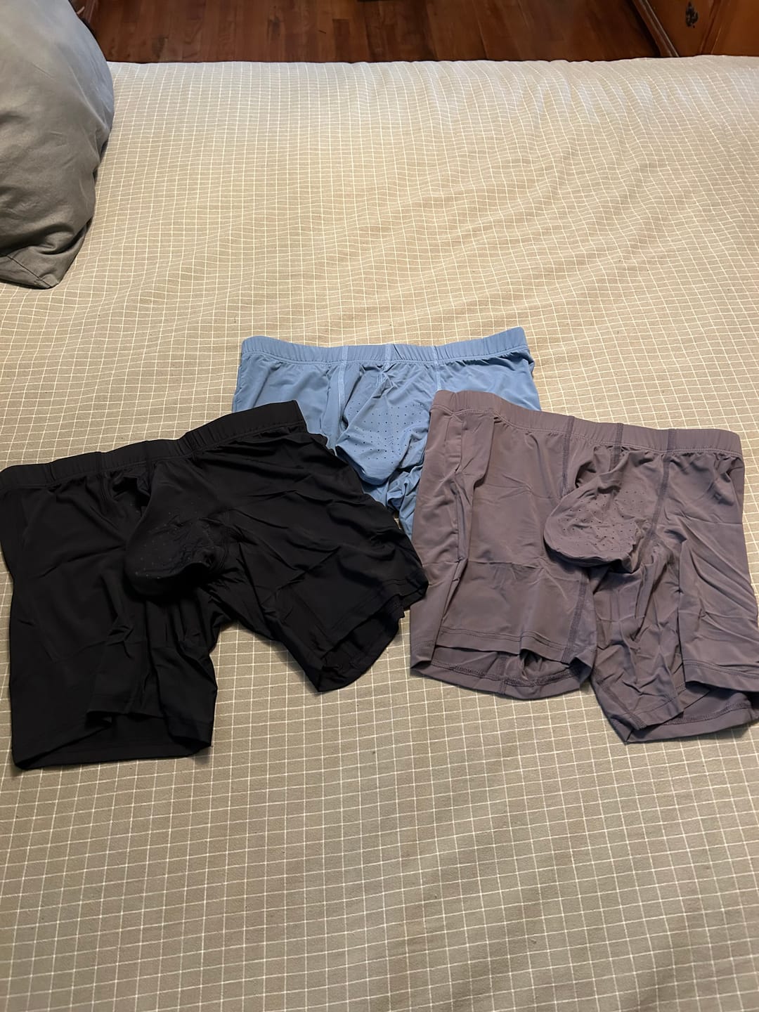Customer photo review of Nylon 6in Boxer Briefs No Fly 3pk Black/Blue/Gray