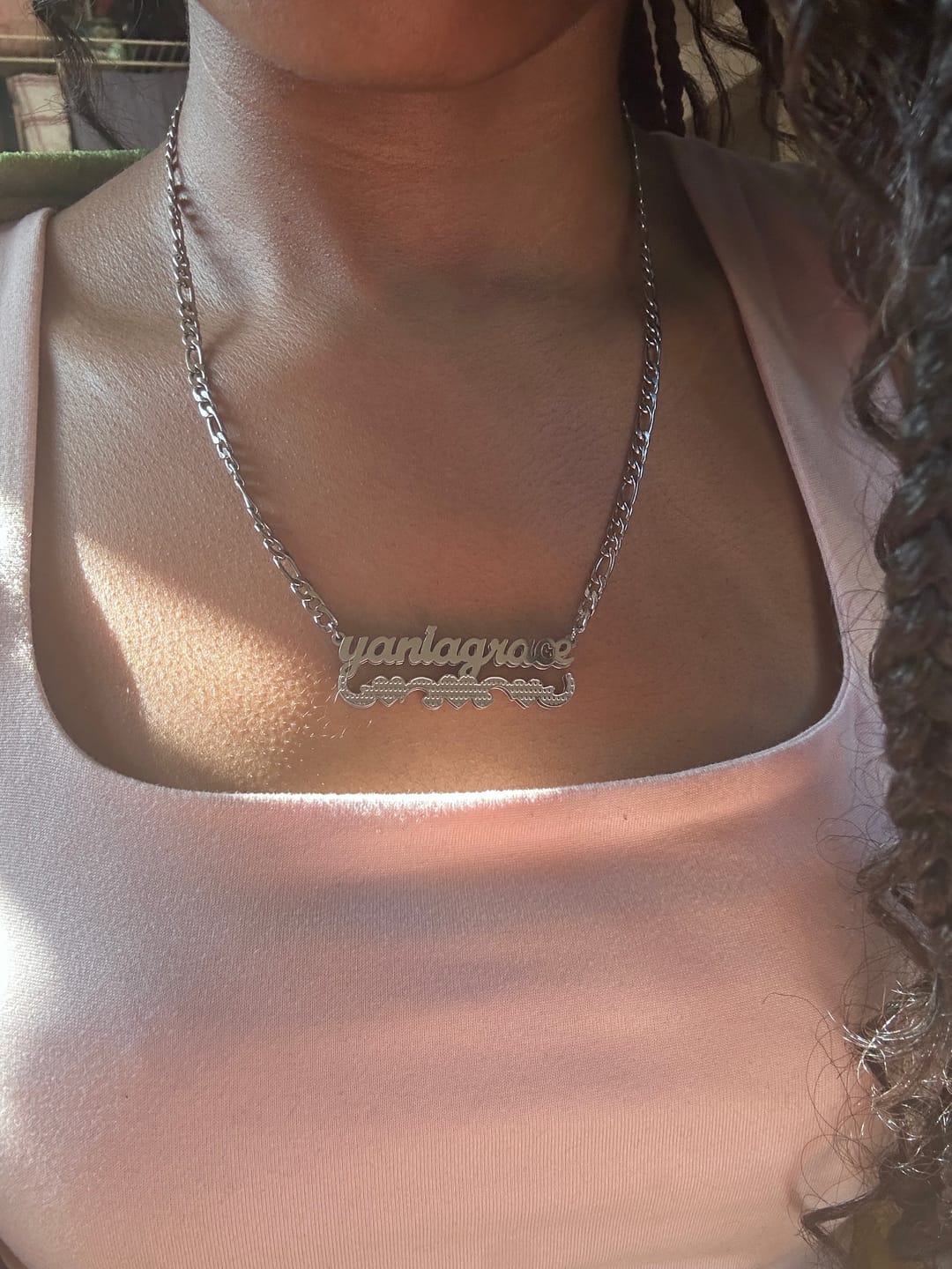 Customer photo review of Double Plated Triple Heart Name Necklace w/ Cuban Chain