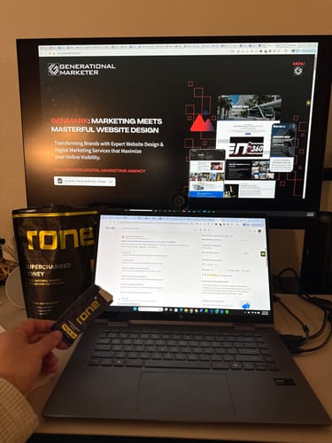 Customer holding a packet of SuperCharged Honey at a desk with a laptop and a pouch of the product.