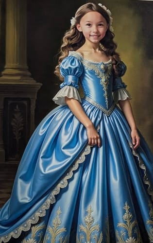 Customer's 'The Blue Empress' portrait of a smiling girl wearing a shiny blue gown with white trim.