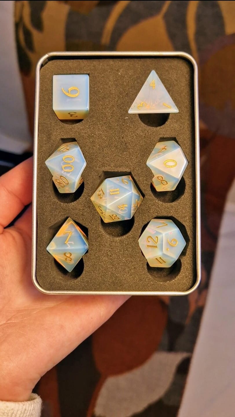 Customer photo review of Opalite Dice Set