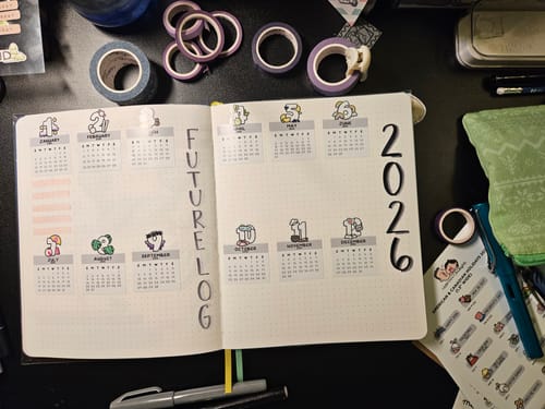 Customer's planner showing the 2026 Calendars Sticker Set used to create a yearly future log.