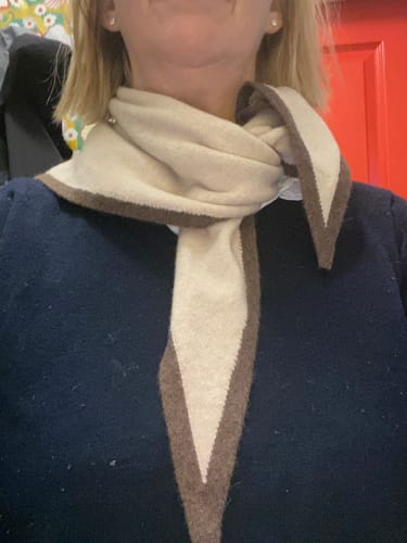 Customer photo review of Brand New Sand Beige and Mocha Recycled Cashmere Triangle Scarf