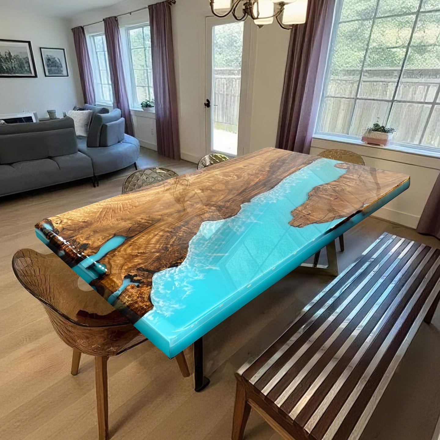 Customer photo review of Custom Golden Camphor Kitchen Epoxy Resin River Table CRT-082