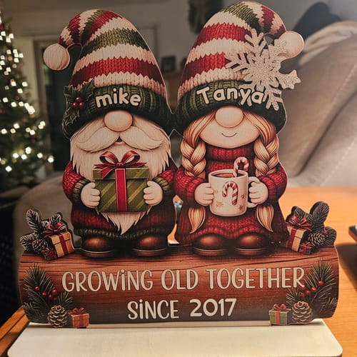 Customer photo review of Personalized "Growing Old Together" Gnome Plaque With Names & Gift Hot Cocoa | Heartfelt Christmas Gift For Couple Grandparent