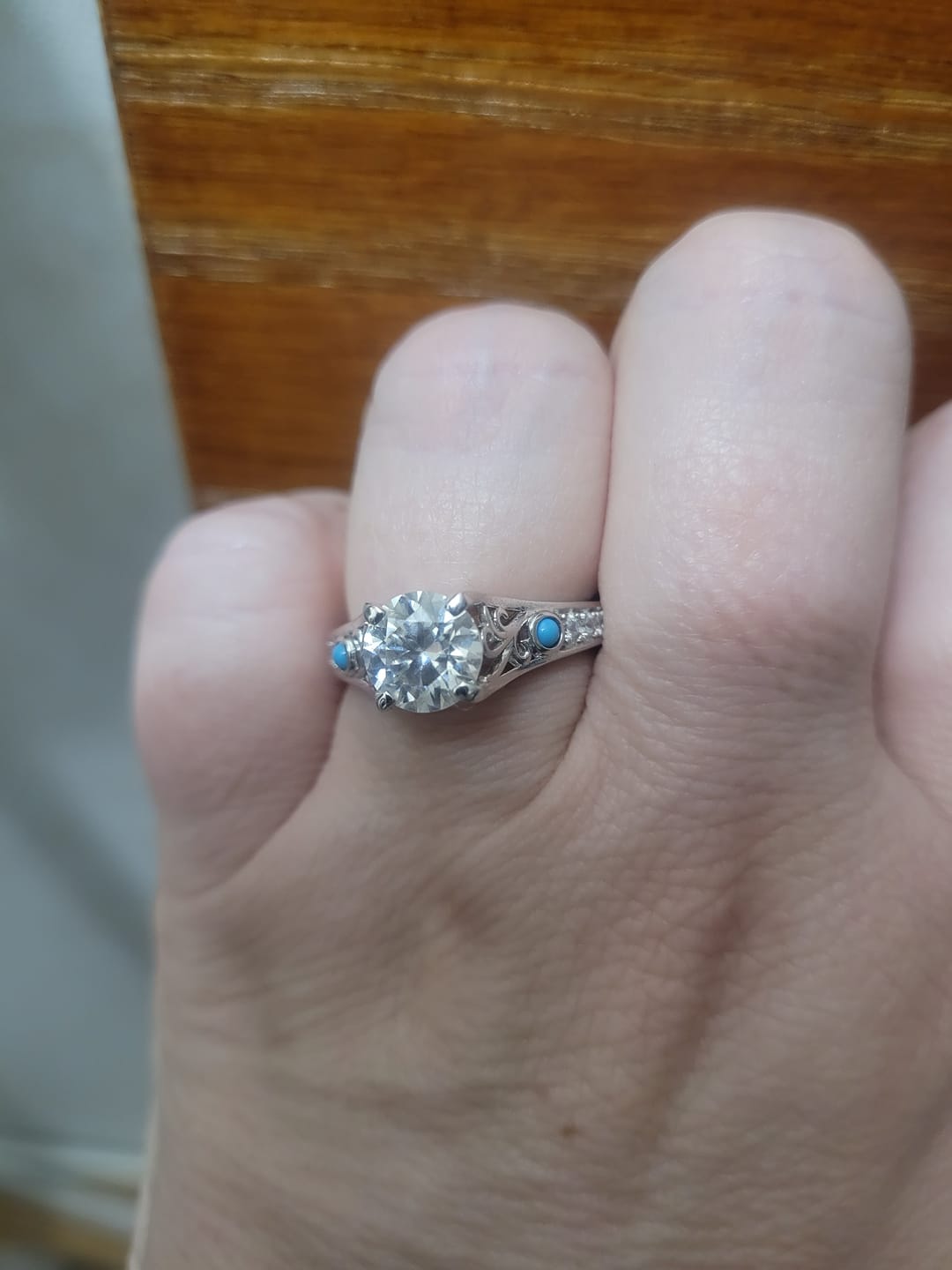 Customer photo review of Vintage Moissanite And Turquoise Wheat Accents  Engagement Ring