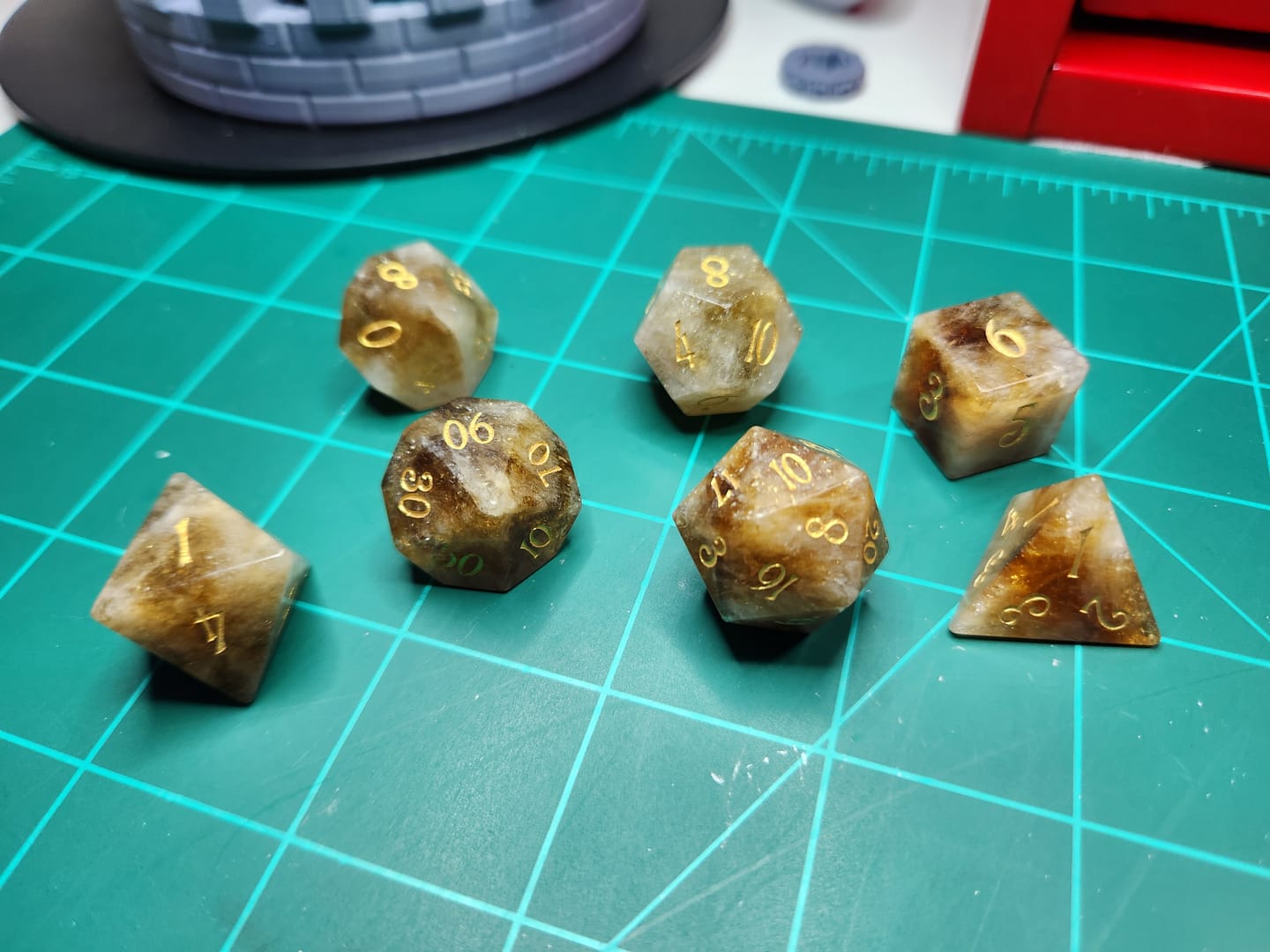 Customer photo review of URWizards D&D Citrine Gemstone Engraved Dice Set(Limited edition)