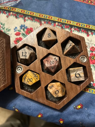 Reviewer's petrified wood dice set arranged in its hexagonal wooden box, showing varied colors.