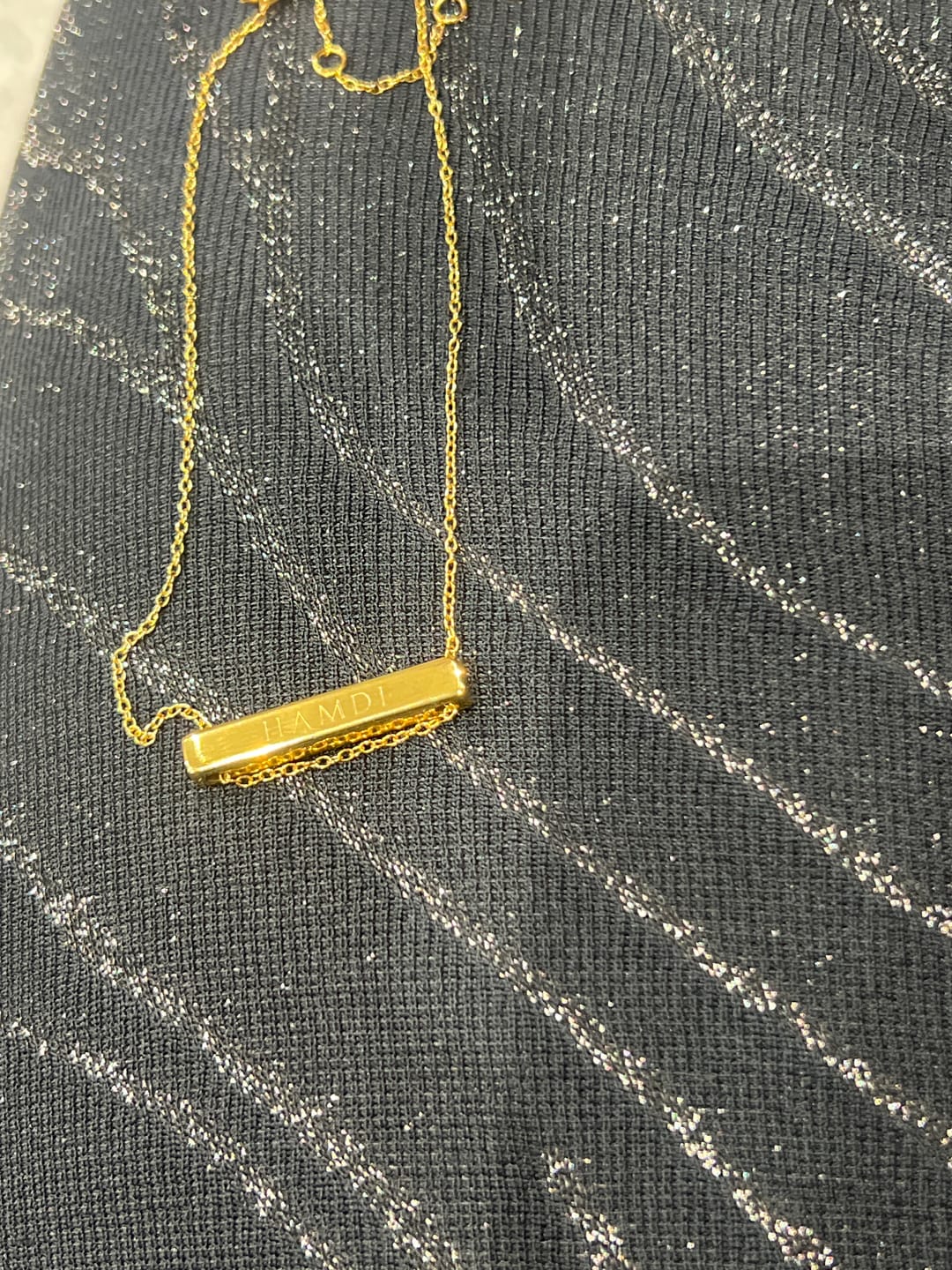Customer photo review of 3cm Letter Bar Necklace in Gold Horizontal