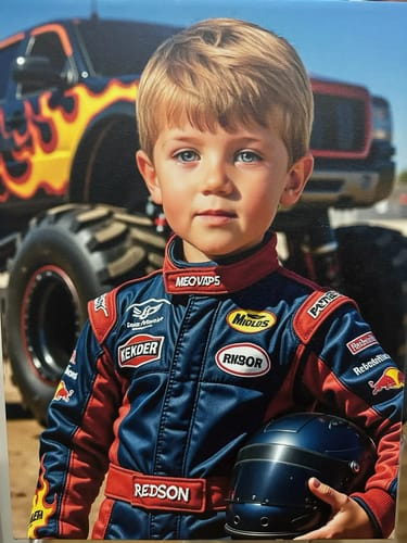 Reviewer's custom portrait of a young boy as 'The Monster Racer' in a racing suit in front of a large monster truck.