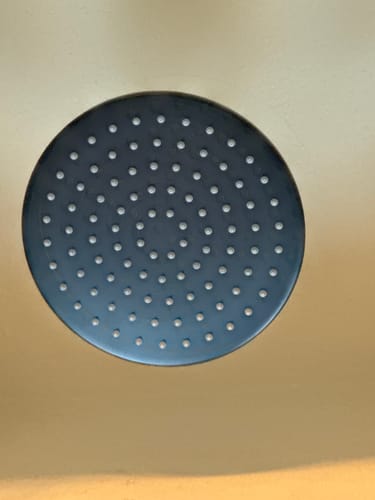 Close-up of the reviewer's round, black shower head showing the spray nozzles.