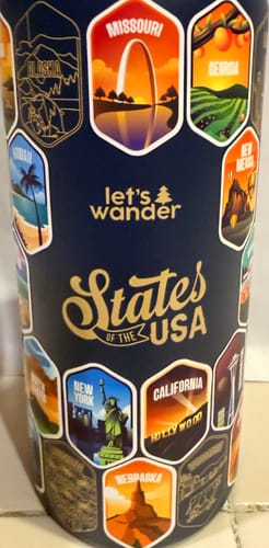 Customer's dark blue 50 States of the USA bottle with several colorful state stickers like Missouri and California.