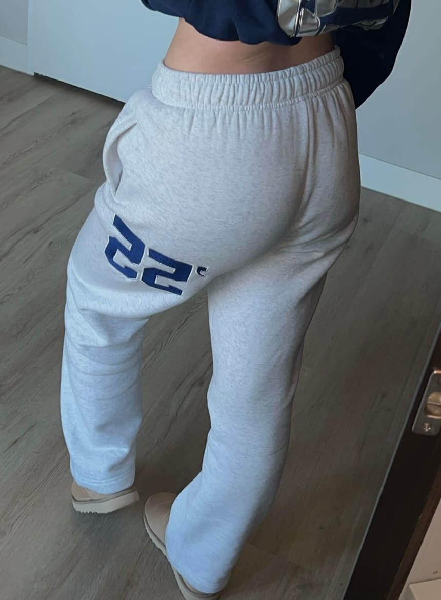 Customer photo review of '55 EMBROIDERY STRAIGHT LEG SWEATPANTS LIGHT GREY