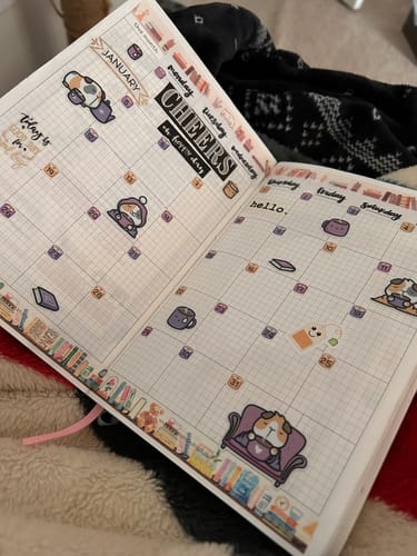 Customer's Mixed Characters Daily Planner open to a monthly spread decorated with cute washi tape and stickers.