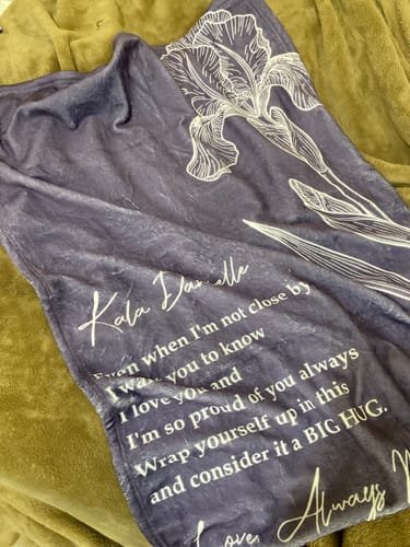 Customer photo review of Personalized Birth Flower Blanket With Name & Quote From Mom - Mother's Day | Birthday Graduation Gift For Daughter