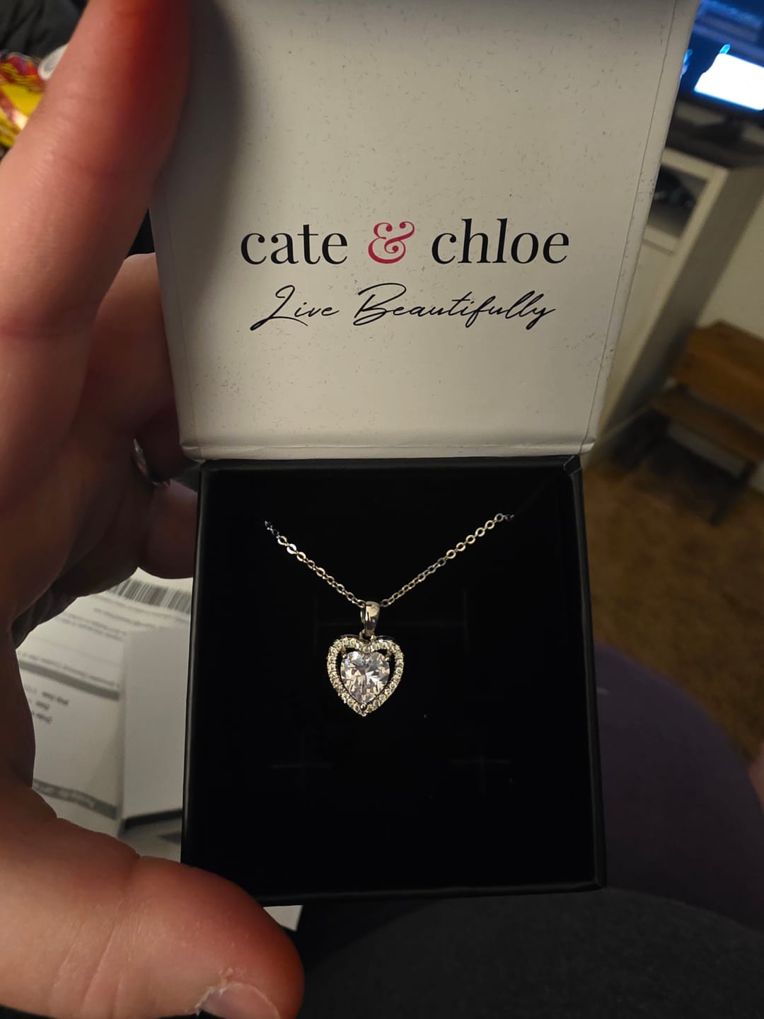 Customer photo review of Amora 18k White Gold Plated Halo Heart Pendant Necklace with Simulated Diamond Crystals