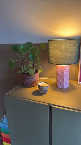 De &k amsterdam Check Lamp van een recensent, met roze, geruite voet, die aan staat op een dressoir.