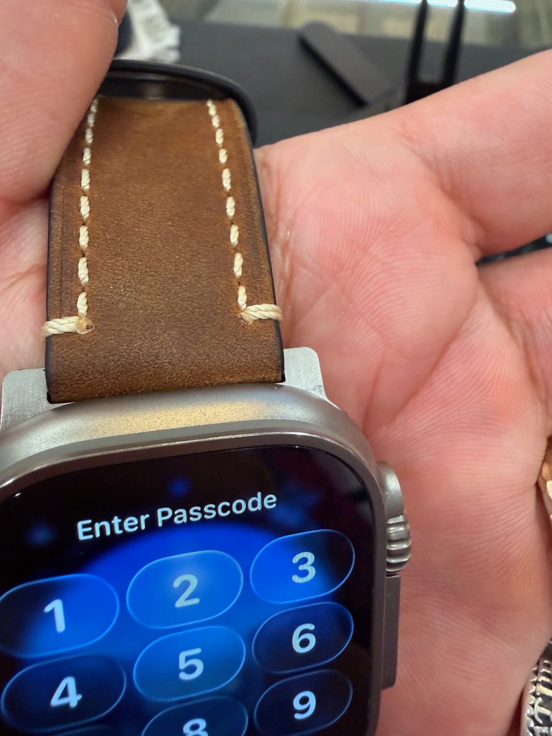 Customer photo review of Apple ULTRA Band - Leather Border Stitch - Saddle Brown