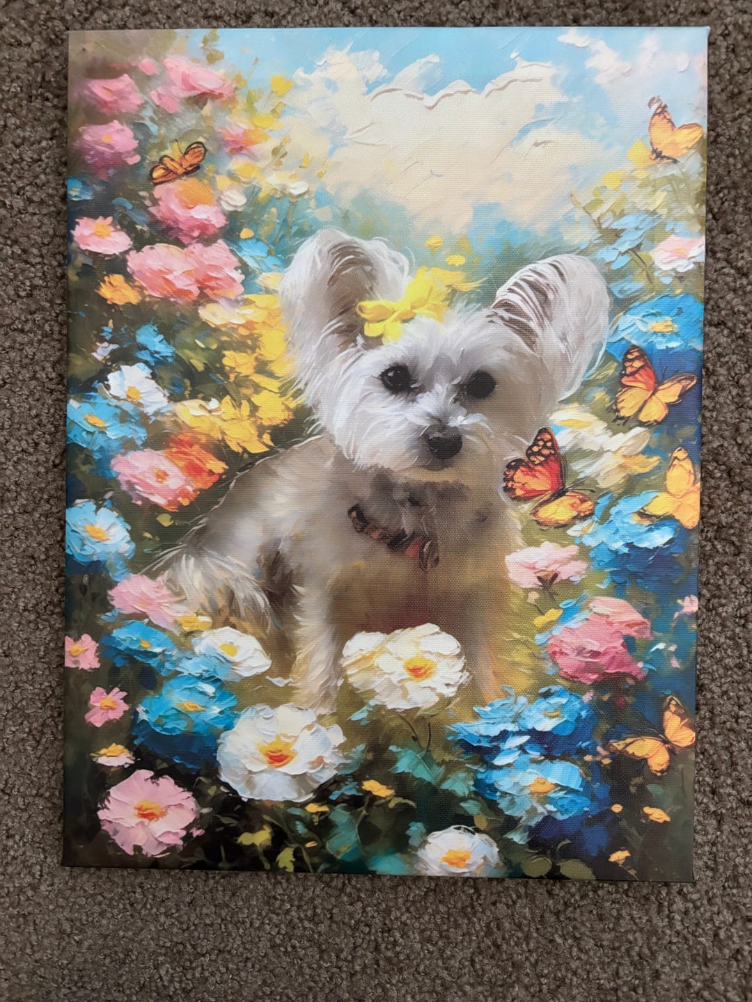 Customer photo review of Monet-style garden oil painting pet portrait