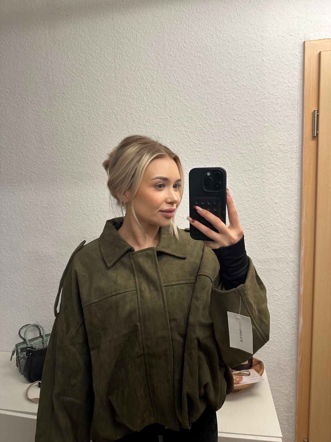 Customer photo review of Luxe Suede Bomber Jacket Khaki