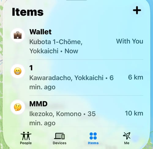 A customer's screenshot of the Find My app tracking the location of their Wallet, demonstrating the SPOTMINDERS card.