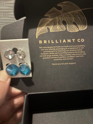 Reviewer showing the two pairs of beautiful stud earrings they received from the Surprise Box.