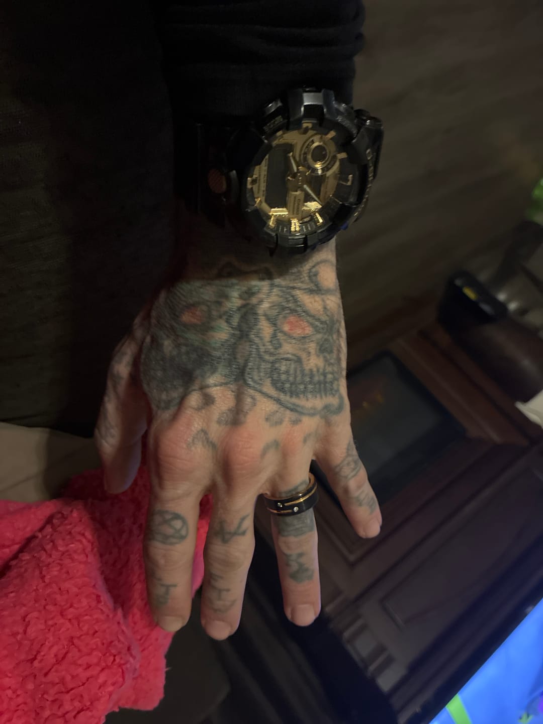 Customer photo review of Mens Black Tungsten Carbide Wedding Band with Gold Grooves 2 CZ Diamonds.
