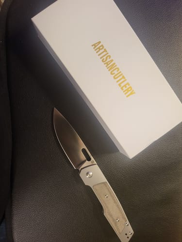 Customer photo review of Artisan Cutlery Gambit Pocket Knife Ti Timascus S90V 3.5"