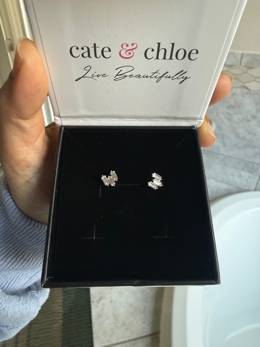 Customer photo review of Jovie 18k White Gold Plated 3-Stone Stud Earrings with Swarovski Crystals