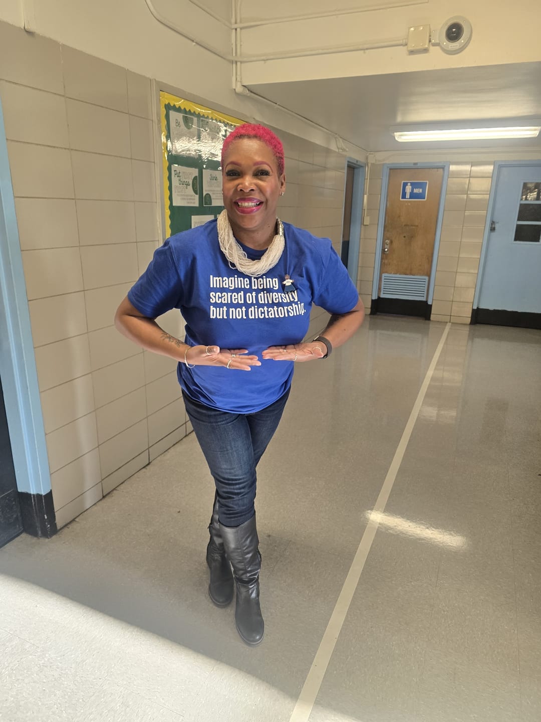 Customer photo review of Love Your Neighbor Means All Your Neighbors Unisex Tee