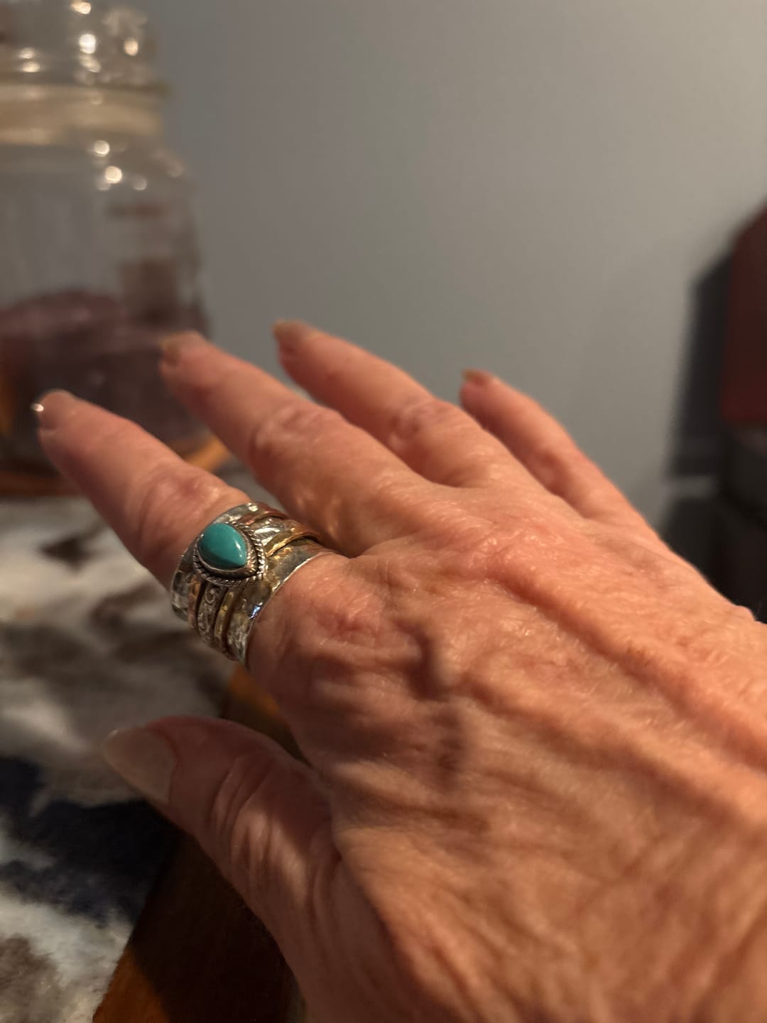 Customer photo review of Teardrop Turquoise Fidget Ring Sterling Silver