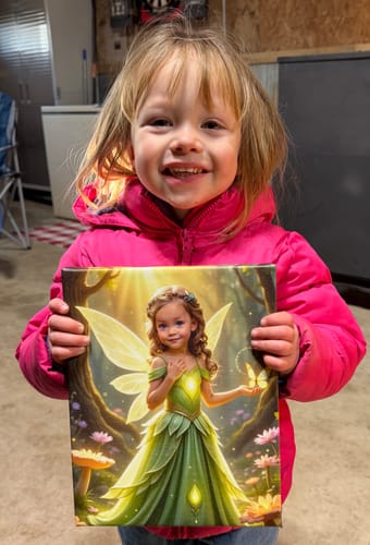 A happy customer holds her personalized "The Tinker Glow" portrait, which shows her illustrated as a fairy.