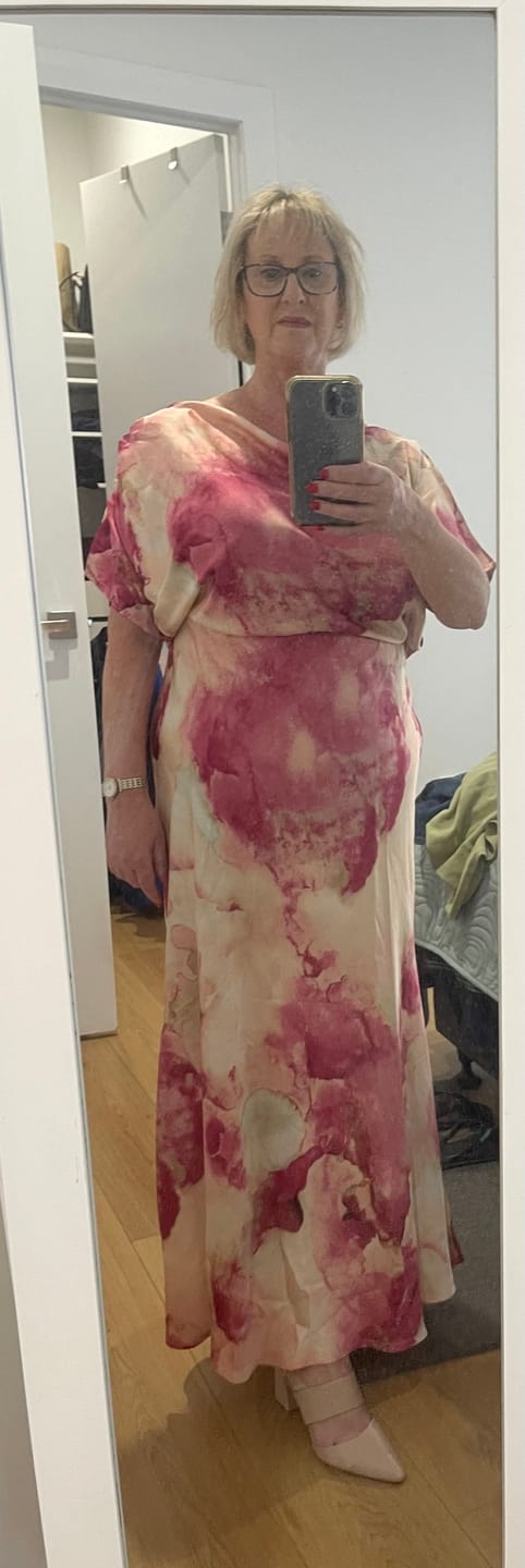 Customer photo review of Sarita Maxi Off Shoulder Dress in Magenta Watercolour Satin